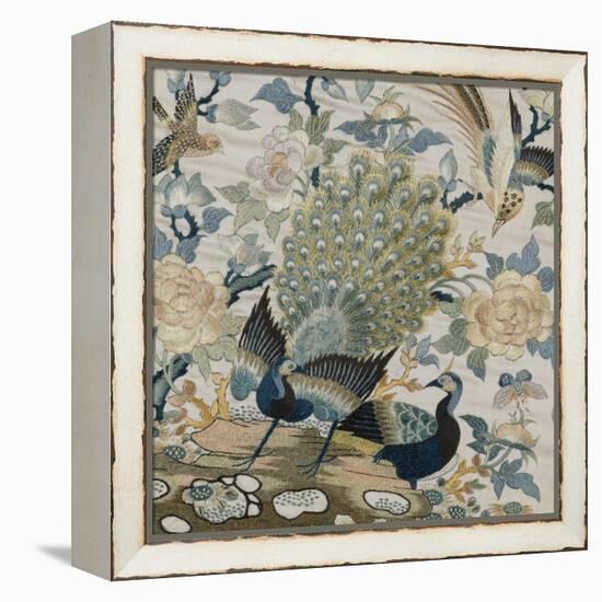 An Embroidered Roundel of Cream Satin, with a Pair of Peacocks and Other Birds Among Flowers-null-Framed Premier Image Canvas