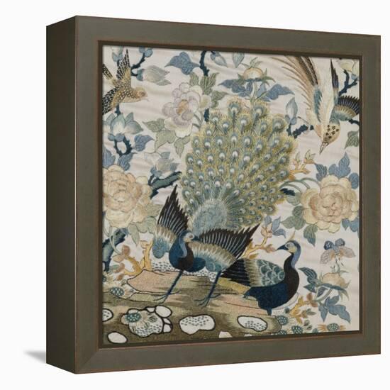 An Embroidered Roundel of Cream Satin, with a Pair of Peacocks and Other Birds Among Flowers-null-Framed Premier Image Canvas
