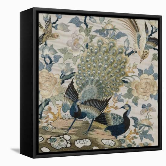 An Embroidered Roundel of Cream Satin, with a Pair of Peacocks and Other Birds Among Flowers-null-Framed Premier Image Canvas