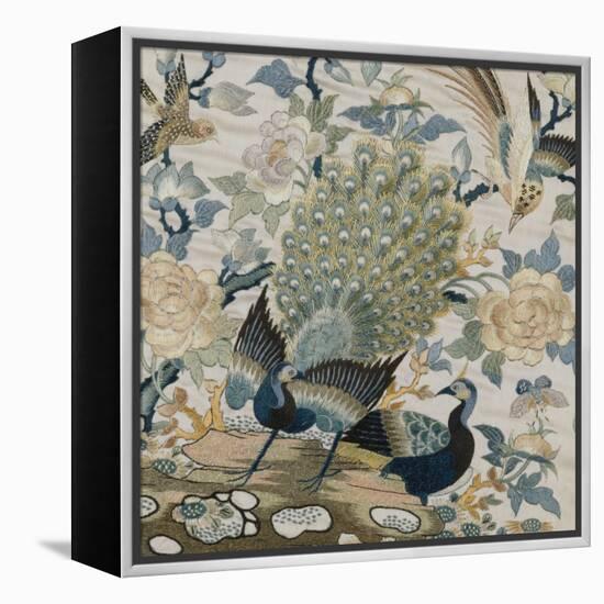 An Embroidered Roundel of Cream Satin, with a Pair of Peacocks and Other Birds Among Flowers-null-Framed Premier Image Canvas