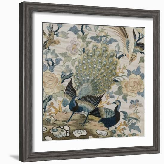 An Embroidered Roundel of Cream Satin, with a Pair of Peacocks and Other Birds Among Flowers-null-Framed Giclee Print