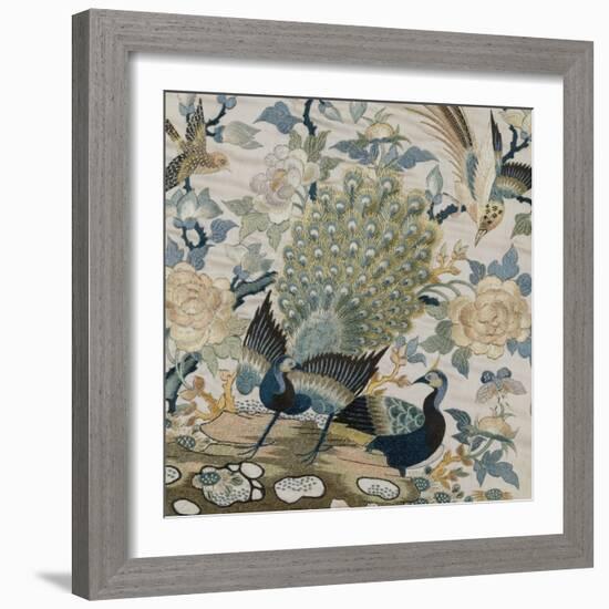 An Embroidered Roundel of Cream Satin, with a Pair of Peacocks and Other Birds Among Flowers-null-Framed Giclee Print