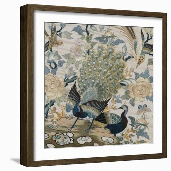 An Embroidered Roundel of Cream Satin, with a Pair of Peacocks and Other Birds Among Flowers-null-Framed Giclee Print