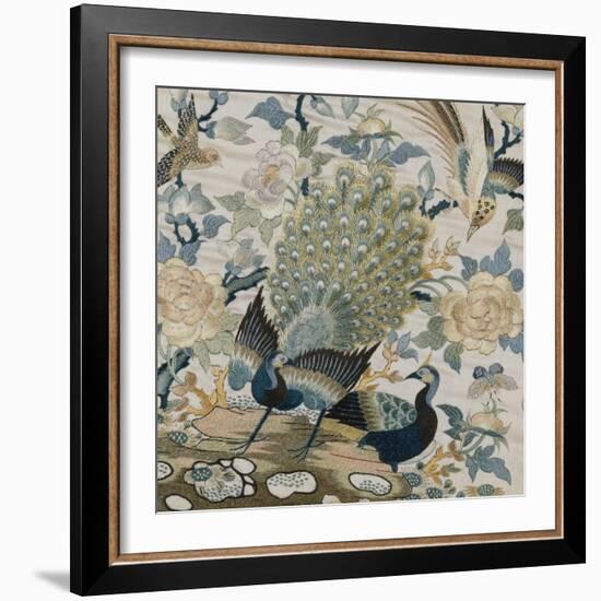 An Embroidered Roundel of Cream Satin, with a Pair of Peacocks and Other Birds Among Flowers-null-Framed Giclee Print