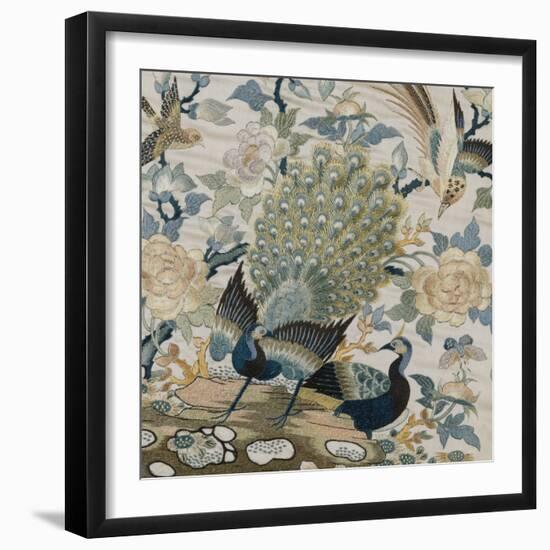 An Embroidered Roundel of Cream Satin, with a Pair of Peacocks and Other Birds Among Flowers-null-Framed Giclee Print