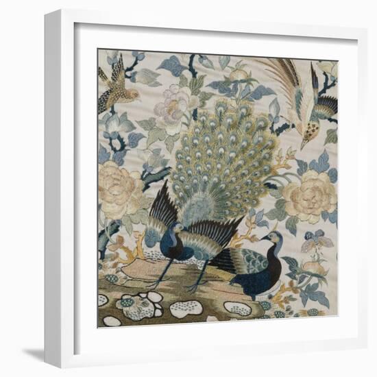 An Embroidered Roundel of Cream Satin, with a Pair of Peacocks and Other Birds Among Flowers-null-Framed Giclee Print