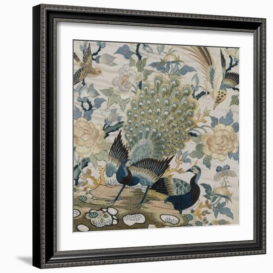 An Embroidered Roundel of Cream Satin, with a Pair of Peacocks and Other Birds Among Flowers-null-Framed Giclee Print