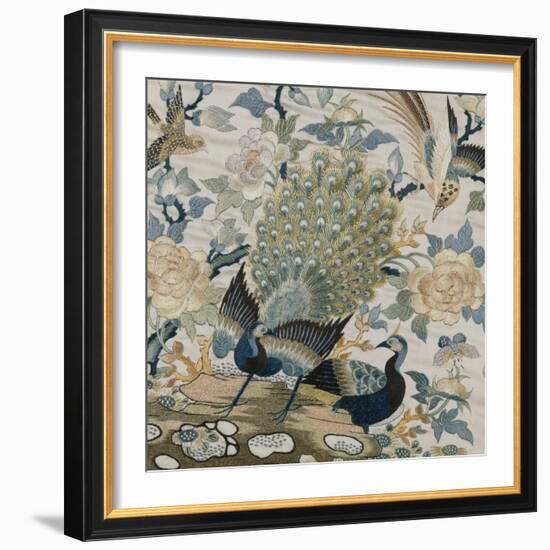 An Embroidered Roundel of Cream Satin, with a Pair of Peacocks and Other Birds Among Flowers-null-Framed Giclee Print