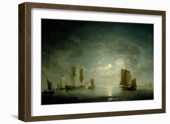 An English Frigate and Coastal Craft Becalmed by Moonlight-Charles Brooking-Framed Giclee Print