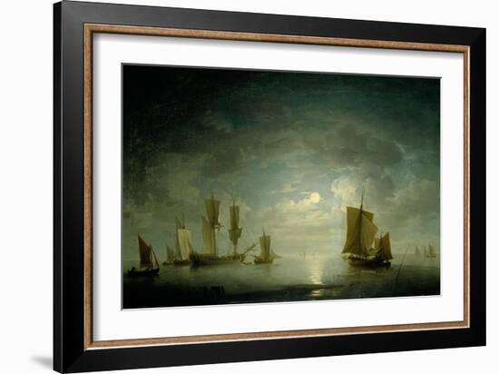 An English Frigate and Coastal Craft Becalmed by Moonlight-Charles Brooking-Framed Giclee Print