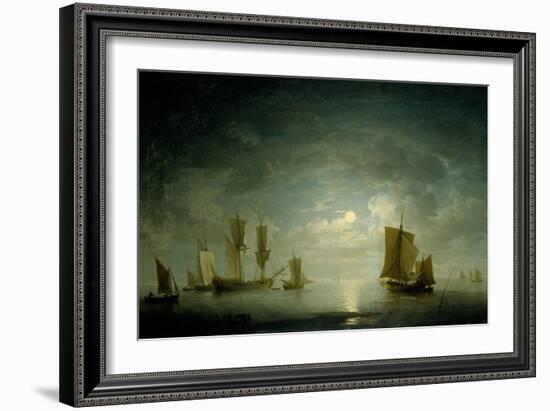 An English Frigate and Coastal Craft Becalmed by Moonlight-Charles Brooking-Framed Giclee Print