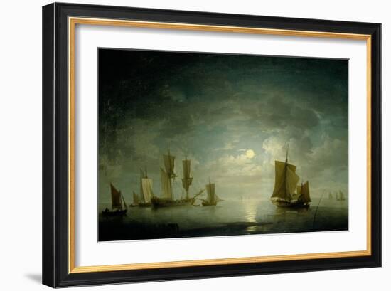 An English Frigate and Coastal Craft Becalmed by Moonlight-Charles Brooking-Framed Giclee Print