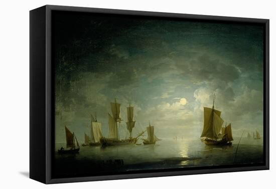 An English Frigate and Coastal Craft Becalmed by Moonlight-Charles Brooking-Framed Premier Image Canvas