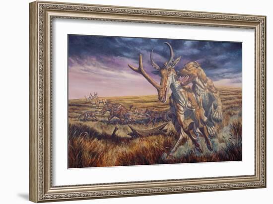 An Epicyon Attacks a Synthetoceras on the Run-null-Framed Art Print