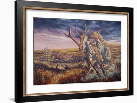 An Epicyon Attacks a Synthetoceras on the Run-null-Framed Art Print