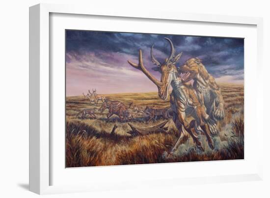 An Epicyon Attacks a Synthetoceras on the Run-null-Framed Art Print