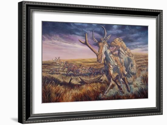 An Epicyon Attacks a Synthetoceras on the Run-null-Framed Art Print