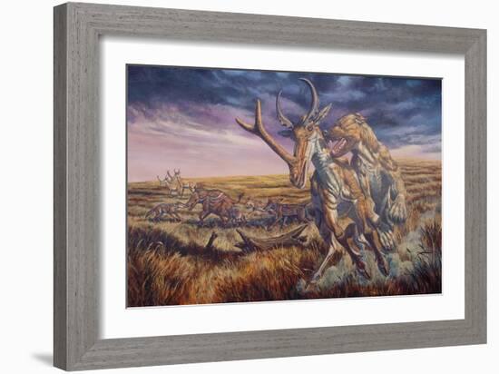 An Epicyon Attacks a Synthetoceras on the Run-null-Framed Premium Giclee Print