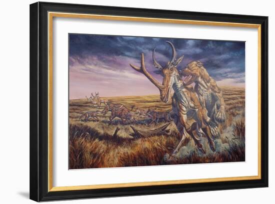 An Epicyon Attacks a Synthetoceras on the Run-null-Framed Premium Giclee Print