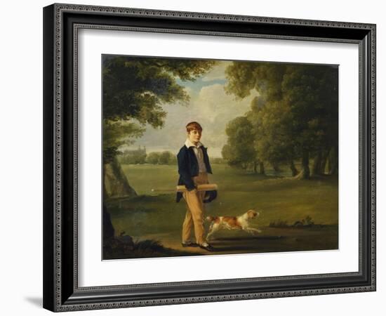 An Eton Schoolboy Carrying a Cricket Bat, with His Dog, on Playing Fields,-Arthur William Devis (Circle of)-Framed Giclee Print