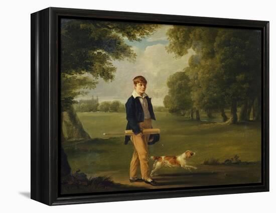 An Eton Schoolboy Carrying a Cricket Bat, with His Dog, on Playing Fields,-Arthur William Devis (Circle of)-Framed Premier Image Canvas