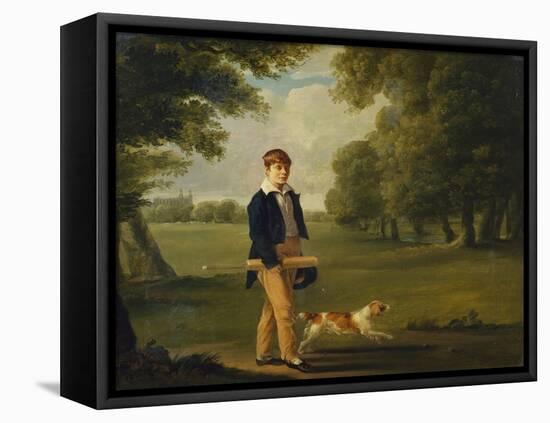 An Eton Schoolboy Carrying a Cricket Bat, with His Dog, on Playing Fields,-Arthur William Devis (Circle of)-Framed Premier Image Canvas