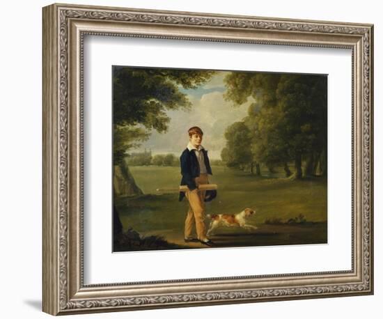 An Eton Schoolboy Carrying a Cricket Bat, with His Dog, on Playing Fields,-Arthur William Devis (Circle of)-Framed Giclee Print