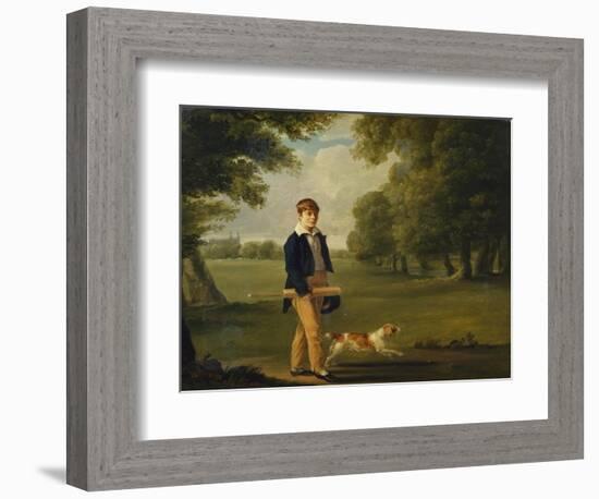 An Eton Schoolboy Carrying a Cricket Bat, with His Dog, on Playing Fields,-Arthur William Devis (Circle of)-Framed Giclee Print