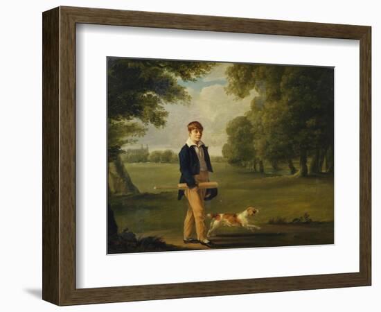 An Eton Schoolboy Carrying a Cricket Bat, with His Dog, on Playing Fields,-Arthur William Devis (Circle of)-Framed Giclee Print