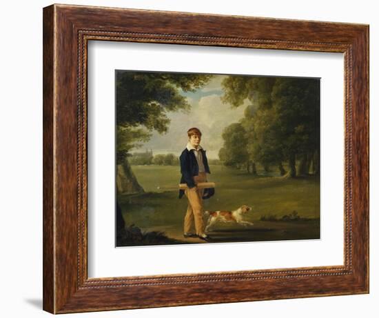 An Eton Schoolboy Carrying a Cricket Bat, with His Dog, on Playing Fields,-Arthur William Devis (Circle of)-Framed Giclee Print