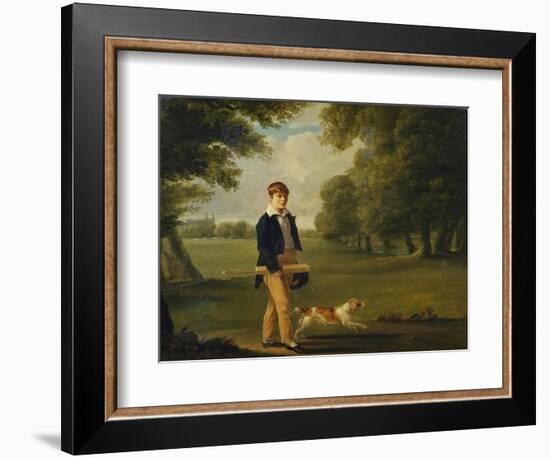 An Eton Schoolboy Carrying a Cricket Bat, with His Dog, on Playing Fields,-Arthur William Devis (Circle of)-Framed Giclee Print