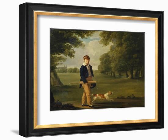 An Eton Schoolboy Carrying a Cricket Bat, with His Dog, on Playing Fields,-Arthur William Devis (Circle of)-Framed Giclee Print