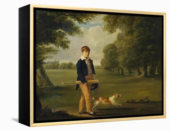 An Eton Schoolboy Carrying a Cricket Bat, with His Dog, on Playing Fields,-Arthur William Devis (Circle of)-Framed Premier Image Canvas