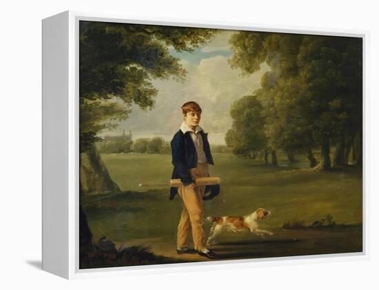 An Eton Schoolboy Carrying a Cricket Bat, with His Dog, on Playing Fields,-Arthur William Devis (Circle of)-Framed Premier Image Canvas