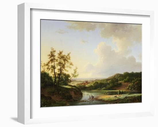 An Extensive Landscape with Figures and Cattle by a River, a Town Beyond, 1845-Marinus Adrianus Koekkoek-Framed Giclee Print