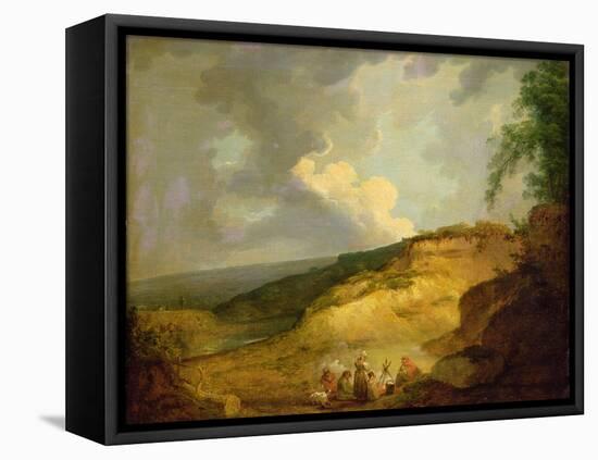 An Extensive Mountainous Landscape with a Gypsy Encampment in the Foreground-George Morland-Framed Premier Image Canvas