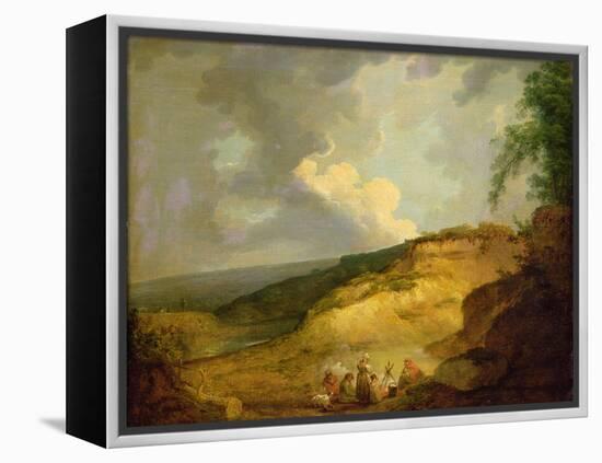 An Extensive Mountainous Landscape with a Gypsy Encampment in the Foreground-George Morland-Framed Premier Image Canvas