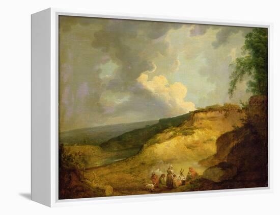 An Extensive Mountainous Landscape with a Gypsy Encampment in the Foreground-George Morland-Framed Premier Image Canvas