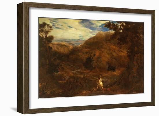 An Extensive Mountainous Wooded Landscape with David and the Lion, 1850-John Linnell-Framed Giclee Print