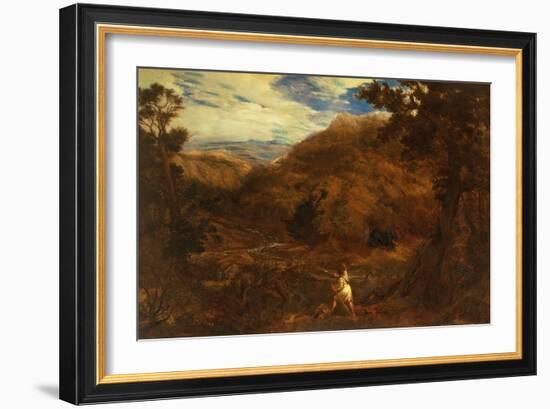 An Extensive Mountainous Wooded Landscape with David and the Lion, 1850-John Linnell-Framed Giclee Print