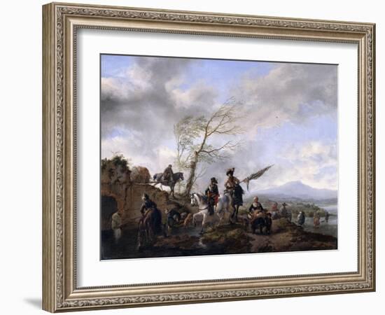 An Extensive River Landscape with Soldiers and a Standard Bearer Watering their Horses-Philips Wouwermans-Framed Giclee Print