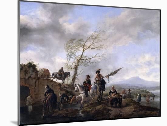 An Extensive River Landscape with Soldiers and a Standard Bearer Watering their Horses-Philips Wouwermans-Mounted Giclee Print