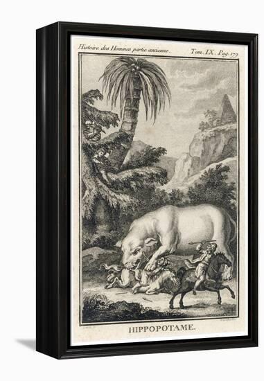 An Extraordinary Depiction of a Hippopotamus Savaging Hunters in an Exotic Landscape-G. Duclos-Framed Stretched Canvas