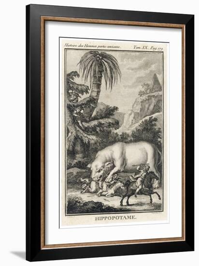 An Extraordinary Depiction of a Hippopotamus Savaging Hunters in an Exotic Landscape-G. Duclos-Framed Premium Giclee Print