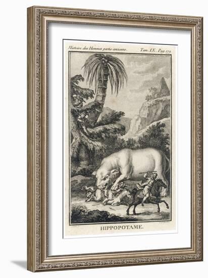 An Extraordinary Depiction of a Hippopotamus Savaging Hunters in an Exotic Landscape-G. Duclos-Framed Art Print