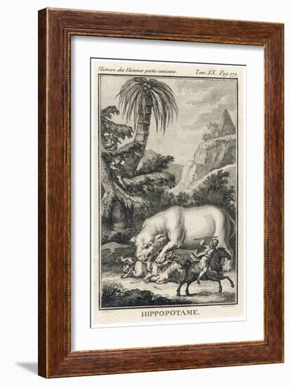 An Extraordinary Depiction of a Hippopotamus Savaging Hunters in an Exotic Landscape-G. Duclos-Framed Art Print