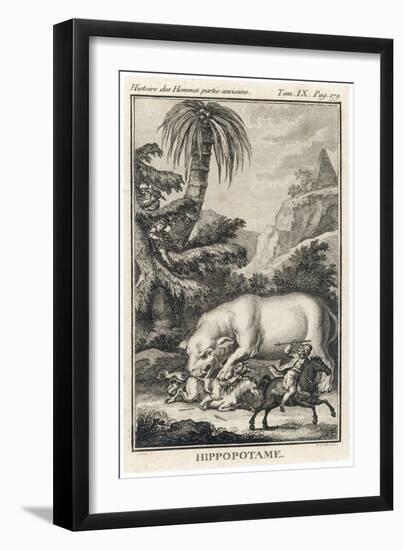 An Extraordinary Depiction of a Hippopotamus Savaging Hunters in an Exotic Landscape-G. Duclos-Framed Art Print