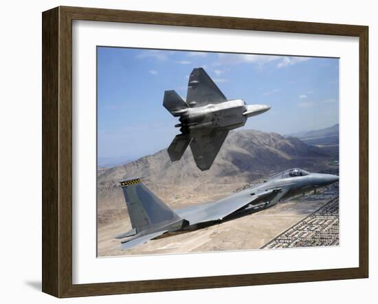An F-22 Raptor Aircraft Turns Away While An F-15 Eagle Flies the Approach Over Nevada-Stocktrek Images-Framed Photographic Print
