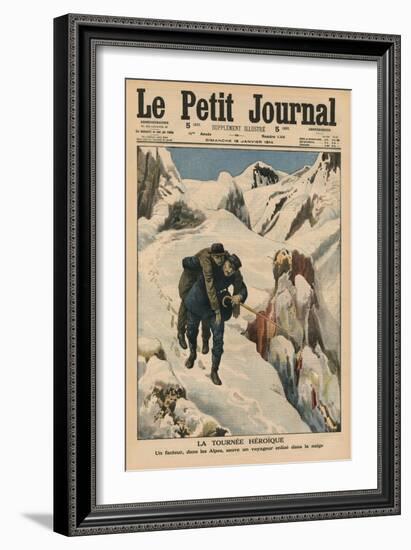 An Heroic Round, an Alpine Postman Rescuing a Traveller Stuck in the Snow, Front Cover…-French School-Framed Giclee Print