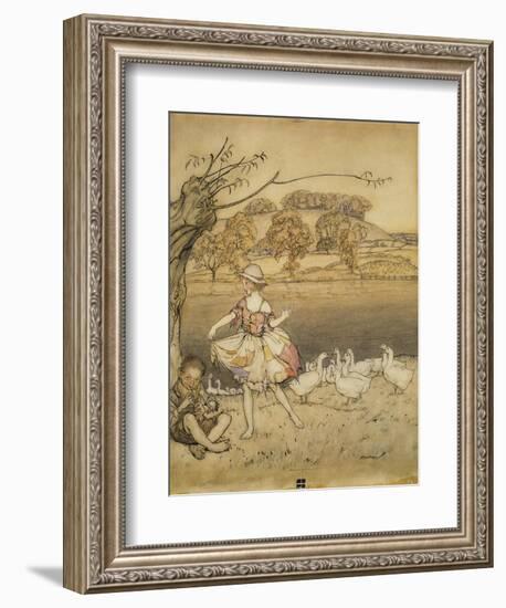 An Illustration to 'English Fairy Tales': Tattercoats Dancing While the Gooseherd Pipes-Arthur Rackham-Framed Giclee Print